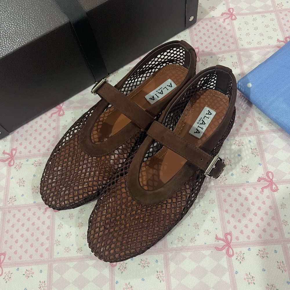Alaia Brown Mesh Mary Jane Flats